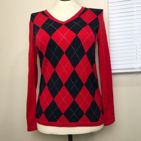 Tommy Hilfiger Argyle Sweater Women’s Size M V-Neck Color Red/Black Pullover. - Picture 14 of 14